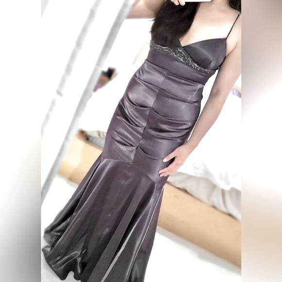 BA Nites satin ruched mermaid evening dress, size 10 (dark grey) - Picture 3 of 5